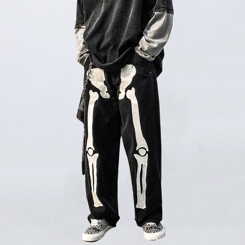 Wide Leg Skeleton Print Jeans